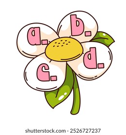 Groovy cartoon daisy flower with alphabet letters on white petals. Funny retro chamomile with leaf for educational game. Quiz mascot, cartoon flower sticker of 70s 80s style vector illustration