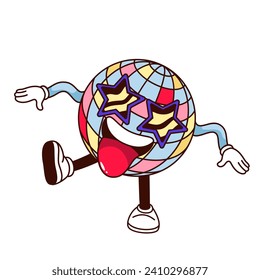 Groovy Cartoon Disco Ball Charakter mit Sternform Sonnenbrille. Hübscher Tanz der Globe mit Regenbogenmuster und aufhängender Zunge, Retro-Disco-Maskottchen, Cartoon-Aufkleber im Stil der 70er Jahre, Vektorgrafik