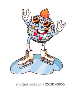 Groovy dibujos animados de la bola de discoteca de patinaje de personajes en la pista de hielo. Bola de espejo retro divertido con gafas de sol, patines y gesto de rock cuerno. Mascota de invierno, etiqueta engomada de la historieta de la Ilustración vectorial del estilo de los años 70 80