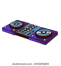 Groovy Cartoon DJ Player von Vinyl Platten. Funny Retro Doppelturntables mit Mixer, Ausrüstung von Musikstudio oder Tanzclub, DJ-Party-Maskottchen und Cartoon-Aufkleber im Stil der 70er Jahre, Vektorgrafik