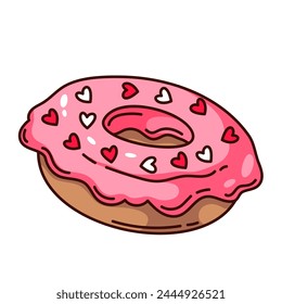 Groovy Cartoon Donut in rosa Glasur mit Süßigkeitenherzen. Lustige Retro leckere glasierte runde Donut Kuchen, süßes Dessert Maskottchen, Cartoon ungesunde Donut Aufkleber der 70er 80er Jahre Stil Vektorillustration