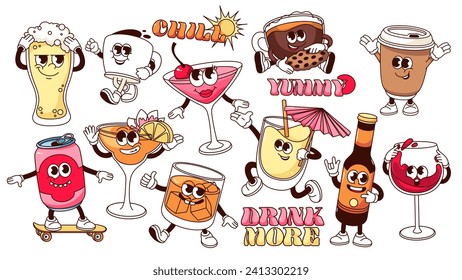 Groovy cartoon drink characters set. Funny cafe menu mascots collection, retro hot and cold drink in cup or bottle with comic expression, cartoon stickers of 60s 70s style vector illustration