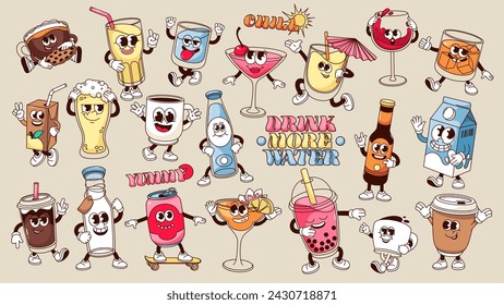 Conjunto de personajes de bebidas de dibujos animados. Divertido vaso de cerveza y botella, taza de café y cóctel, lata de agua de soda. Colección de mascotas de bebidas retro, pegatinas de tipografía de dibujos animados de ilustración vectorial estilo años 70