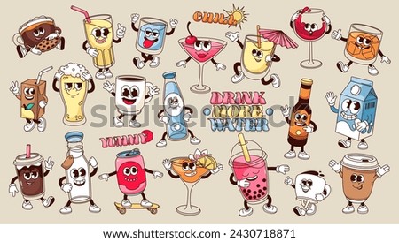 Groovy cartoon drink characters set. Funny beer glass and bottle, coffee cup and cocktail, soda water can. Retro drink mascot collection, cartoon typography stickers of 70s style vector illustration
