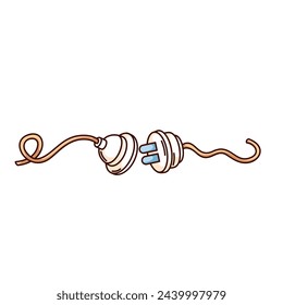 Groovy cartoon electric plug and socket with disconnect. Funny retro adapters with cables, 404 error of internet failure mascot, cartoon tech disconnect sticker of 70s 80s style vector illustration