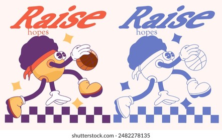 groovy cartoon emoji basketball player mascot soars through the air, ready to slam dunk the ball into the hoop, embodying the essence of hope, determination, and unwavering spirit.