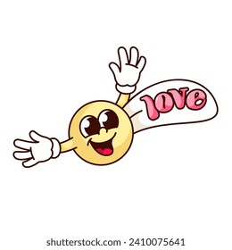 Groovy cartoon emoji with Love word in speech bubble. Funny retro chat emoticon with open arms and happy expression on face, yellow ball in love, cartoon sticker of 60s 70s style vector illustration