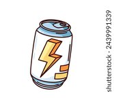 Groovy cartoon energy drink can with lightning. Funny retro soft metal package with cold soda water, energetic drink for tired person mascot, cartoon sticker of 70s 80s style vector illustration
