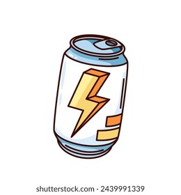 Groovy cartoon energy drink can with lightning. Funny retro soft metal package with cold soda water, energetic drink for tired person mascot, cartoon sticker of 70s 80s style vector illustration