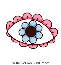 Groovy cartoon eye with flower instead of pupil. Funny retro floral mascot with trippy vibe, chamomile petals in weird eye of hippy hallucination, cartoon sticker of 60s 70s style vector illustration