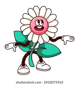 El personaje de la flor de dibujos animados Groovy florece. Graciosa mascota floral retro bailando con cara feliz, baile psicodélico de la margarita de verano o primavera, caricatura floral pegatina de ilustración vectorial estilo años 70