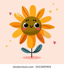 Groovy cartoon flower. Happy cute sunflower, cool spring mascot and retro flower character. Green lawn or garden with plant with smiling face, flower graphic element isolated collection.