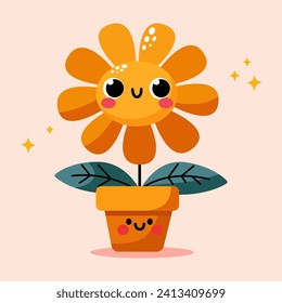 Große Cartoonblume. Fröhliche süße orangefarbene Blume in orangefarbenem Topf, kühle Frühlingsmaskotte, Retro-Blumencharakter. Grüner Rasen oder Garten mit Pflanze mit lächelndem Gesicht, floraler grafischer Bestandteil einzelne Sammlung