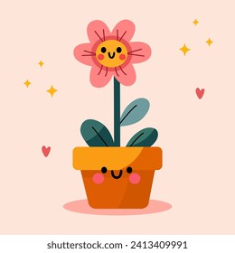 Groovy cartoon flower. Happy cute little flower in pot, cool spring mascot and retro flower character. Green lawn or garden with plant with smiling face, flower graphic element isolated collection.