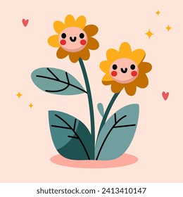 Groovy cartoon flower. Happy cute orange flowers in garden, cool spring mascot and retro flower character. Green lawn or garden with plant with smiling face, flower graphic element isolated collection