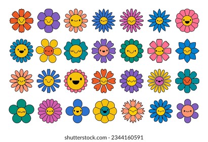 Groovy cartoon flower. Hippy daisy faces, retro smiling flowers character. Vintage 70s graphic elements, happy positive emotions plant. Vector set. Bright colorful floral buds, cheerful stickers