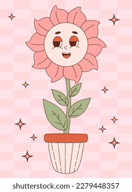 Groovy cartoon flower Power. Retro vintage daisy flower in pot. Vector illustration of cute mascot character. Cool vertical modern nostalgic poster. Hippie 60s, 70s, style for postcards, design