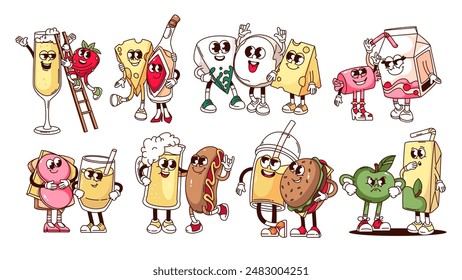 Estupendo dibujo animado de comida y bebida personajes amigos conjunto. Divertidos amigos felices retro, mascota de comida rápida. Pegatinas de dibujos animados de queso y vino, jugo y sándwich, cerveza en la Ilustración vectorial estilo años 70 80