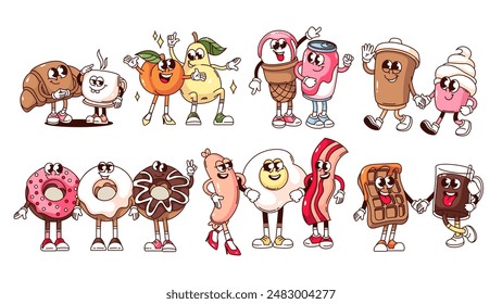 Estupendo dibujo animado de comida y bebida personajes amigos conjunto. Divertida comida de la mañana retro, aperitivos para llevar y bebidas mascotas. Pegatinas de postres felices lindos de la Ilustración vectorial del estilo de los años 70 y 80