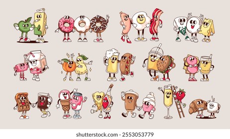 Conjunto de amigos de personajes de comida y bebida de dibujos animados. Divertidos personajes de la comida retro para el desayuno, el almuerzo o la cena. Amistad de mascota de comidas, pegatinas de dibujos animados de la Ilustración vectorial de estilo de los años 70 80