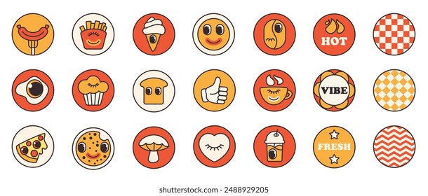 Groovy cartoon food stickers set, cafe and restaurant menu emoji. Funny retro food elements with trippy faces inside round shapes, funky patches collection of 70s 80s style vector illustration