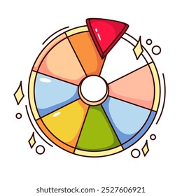 Groovy cartoon fortune wheel with eight rainbow sectors. Funny retro round drum with arrow, spin roulette to choose winner. Game mascot, cartoon wheel sticker of 70s 80s style vector illustration