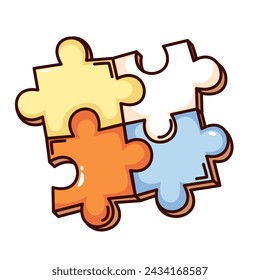 Groovy cartoon four piece jigsaw puzzle. Funny retro square mosaic game with 4 parts, teamwork, idea and solution mascot. Cartoon colorful puzzle sticker of 70s 80s style vector illustration