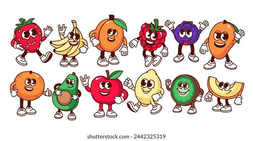 Conjunto de personajes de frutas y bayas de dibujos animados. Divertidas mascotas de frutas retro de zumo de vitamina y limonada, pegatinas de dibujos animados de feliz manzana plátano fresa mango limón 70 años 80 estilo ilustración vectorial