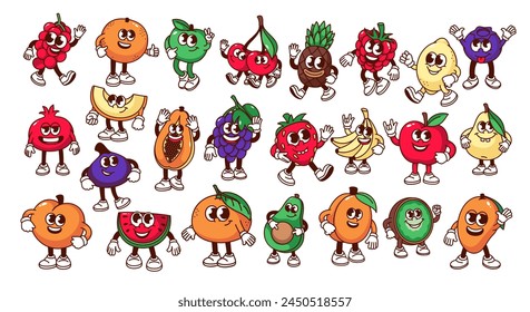 Conjunto de personajes de frutas y bayas de dibujos animados. Divertidas mascotas de frutas retro, etiqueta engomada de dibujos animados de fresa uva plátano mango piña pera cereza sandía limón higo 70 años 80 estilo Ilustración vectorial