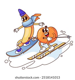 Groovy cartoon fruit characters ski and snowboarding. Funny retro orange and banana slide down mountain in snow. Ski resort, winter mascot, cartoon sticker of 70s 80s style vector illustration