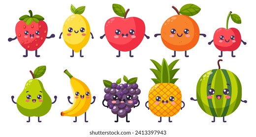 Groovy Cartoon Obstset. Happy cute fruits Charakters, Pflanzen mit lächelndem Gesicht, lustige Beeren, grafische Elemente isolierte Sammlung. Vektorgrafik von Lebensmitteln.