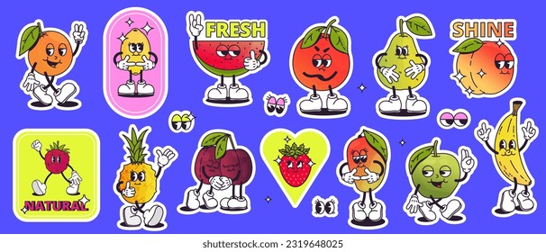 Groovy cartoon fruits stickers. 80s 90s funky fruity labels with smile face, colorful retro animation elements for packaging product design. Vector isolated set of cartoon fruit trendy illustration