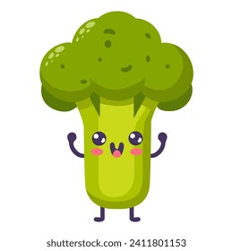 Groovy cartoon funny broccoli. Happy cute vegetable character with plant with smiling face, graphic elements isolated collection. Vector food illustration.