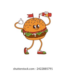 Groovy cartoon funny burger character in comic art or hippie style, vector funky personage. Hippie groovy fast food burger or cheeseburger pouring ketchup with thumb up and happy face in 60s 70s art