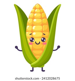 Groovy cartoon funny corn. Happy cute vegetable character with plant with smiling face, graphic elements isolated collection. Vector food illustration.