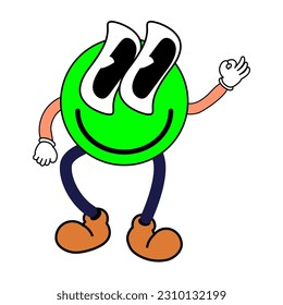 Groovy Cartoon funny cartoon smile character, vintage. Funky comic bright emoticon green sticker