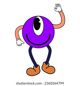Groovy Cartoon funny cartoon smile character, vintage. Funky comic bright emoticon purple sticker