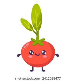 Caricatura de Groovy tomate divertido. Feliz carácter vegetal lindo con planta con cara sonriente, elementos gráficos aislados colección. Ilustración vectorial de alimentos.