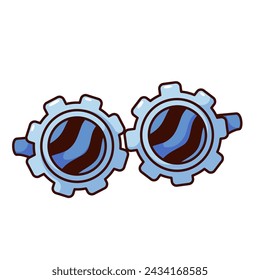 Groovy cartoon glasses with gear frames. Funny retro blue circle sunglasses with gears, settings and work progress, factory machine mascot. Cartoon sticker of 70s 80s style vector illustration