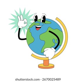 Groovy personagem de globo de desenhos animados em estilo retrô dos anos 80 para escola e educação ilustração