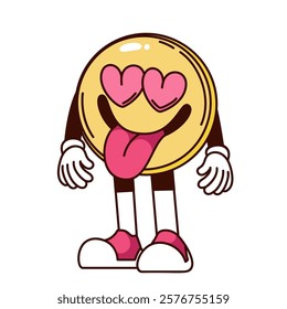 Groovy cartoon golden emoji with tongue hanging out and hearts in eyes. Funny retro psychedelic smile in circle head. Love, hippy mascot, cartoon emoji sticker of 70s 80s style vector illustration