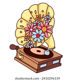 Groovy cartoon gramophone with flowers on trumpet. Funny music player of vinyl record with hippy vibe, retro hippie nostalgia mascot, gramophone cartoon sticker of 70s 80s style vector illustration