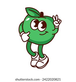 Groovy cartoon green apple character with peace and love gesture. Funny retro fruit walking to hippy fun music party, sweet apple mascot, cartoon food sticker of 70s 80s style vector illustration