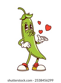 Groovy cartoon green pea vegetable character in for funny vegetable, vector comic. Groovy funny green pea pod with happy face whistling love melody with hearts for retro cartoon character