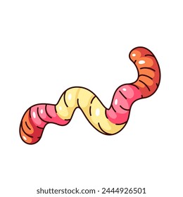 Groovy cartoon gummy candy worm. Funny retro snake of sour jelly fruit marmalade, cute sweet dessert for kids and confectionery mascot, cartoon chewy candy sticker of 70s 80s style vector illustration