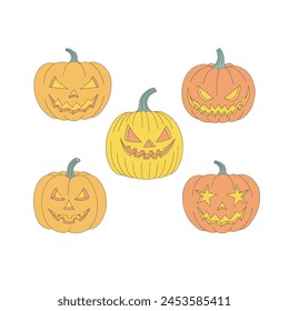 Groovy cartoon Halloween pumpkins with spooky faces vector illustration set isolated on white. Hand drawn linear style creepy squash print collection. October 31st Halloween holiday party trick or