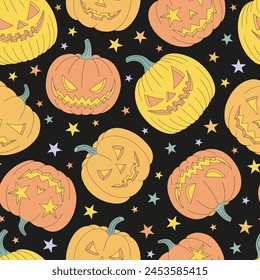 Groovy cartoon Halloween pumpkins with spooky faces vector seamless pattern. Hand drawn linear style creepy orange squash vegetable background. October 31st Halloween holiday party trick or treat