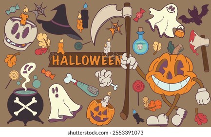 Groovy cartoon halloween stickers magic and witchcraft. Scary collection with ghosts, skull, zombie, eye, pumpkin, сauldron, bat, potion. Scary patches set