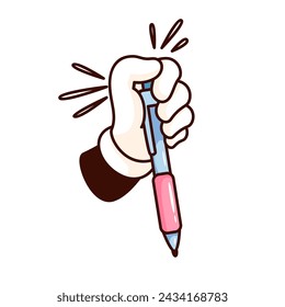 Groovy cartoon hand holding pen. Funny retro gesture to write or sign contract, office work and signature mascot, human hand writing on paper cartoon sticker of 70s 80s style vector illustration