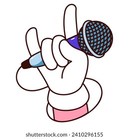 Groovy cartoon hand with microphone and rock band gesture. Funny arm of rocker with mic and horn fingers, retro rock and roll concert mascot and cartoon sticker of 70s 80s style vector illustration
